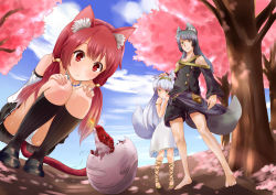 Rule 34 | 3girls, :o, absurdres, animal ears, armlet, bad id, bad pixiv id, barefoot, black hair, blush, breath weapon, breathing fire, cherry blossoms, child, clothes grab, cloud, day, dragon, dress, egg, fang, fire, fisheye, from above, hand on another&#039;s head, headband, highres, jewelry, long hair, looking down, low-tied long hair, low twintails, multiple girls, necklace, original, panties, pouch, red eyes, sash, shorts, skirt, sky, sleeveless, sleeveless dress, tail, tree, twintails, underwear, upskirt, wolf ears, yellow eyes, you maru11, yuumaru (you-mya)