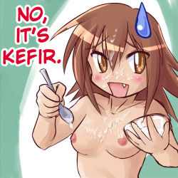 Rule 34 | 1girl, breasts, brown eyes, brown hair, fang, female focus, hard-translated, iosys, kanakana, kusakabe misao, lowres, lucky star, nipples, parody, sexually suggestive, solo, spoon, sweatdrop, third-party edit, translated, upper body, white background