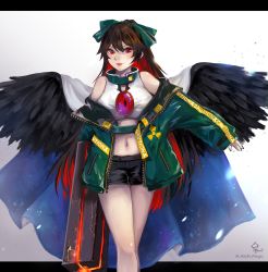 Rule 34 | 1girl, absurdres, adapted costume, alternate costume, arm cannon, bad id, bad pixiv id, bare legs, bare shoulders, bird wings, black hair, black wings, bow, breasts, cape, coller, english text, green bow, highres, hoshiringo0902, letterboxed, looking at viewer, navel, raincoat, reiuji utsuho, shorts, sign, simple background, smile, solo, standing, touhou, twitter username, walking, warning sign, weapon, wings, zipper