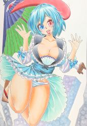 Rule 34 | 1girl, absurdres, bare legs, blue hair, bow, bow panties, breasts, cleavage, clog sandals, collarbone, commentary request, dekoorashiru, eyebrows hidden by hair, head tilt, heterochromia, highres, japanese clothes, jumping, karakasa obake, kimono, large breasts, lips, looking at viewer, panties, pantyshot, puffy sleeves, short hair, solo, striped clothes, striped panties, tatara kogasa, teeth, tongue, tongue out, touhou, traditional media, umbrella, underwear, upper teeth only