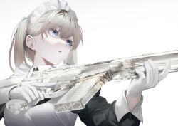 Rule 34 | 1girl, aiming, apron, assault rifle, battle rifle, blonde hair, blue eyes, breasts, colored eyelashes, gloves, gun, h&amp;k g3, highres, holding, holding gun, holding weapon, long sleeves, maid, maid headdress, medium breasts, nine (kanine41), original, rifle, see-through, simple background, solo, two side up, upper body, weapon, white background, white gloves