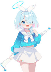 Rule 34 | 1girl, absurdres, arona (blue archive), baozi 9527, blue archive, blue eyes, blue hair, blue halo, blush, choker, colored inner hair, cowboy shot, gun, hair over one eye, halo, highres, holding, holding gun, holding weapon, long sleeves, looking at viewer, multicolored hair, open mouth, pink hair, pleated skirt, revision, sailor collar, short hair, simple background, skirt, smile, solo, weapon, white background, white choker, white sailor collar, white skirt
