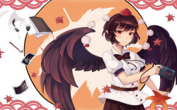 Rule 34 | 1girl, autumn leaves, belt, bird wings, black bow, black bowtie, black hair, black skirt, black wings, blush, book, bow, bowtie, calligraphy brush, camera, closed mouth, cowboy shot, dress shirt, feathered wings, flying paper, hand fan, hat, hauchiwa, highres, holding, holding camera, holding fan, ink, leaf, looking at viewer, maple leaf, nana (chenning717), paintbrush, paper, pointy ears, pom pom (clothes), puffy short sleeves, puffy sleeves, red eyes, shameimaru aya, shirt, short hair, short sleeves, skirt, smile, solo, tokin hat, touhou, white shirt, wings