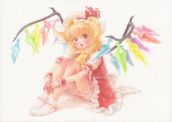 Rule 34 | 1girl, ascot, blonde hair, bloomers, blush, bobby socks, commentary request, crystal, flandre scarlet, frilled skirt, frills, hat, hat ribbon, hugging own legs, looking at viewer, medium hair, misawa hiroshi, mob cap, no shoes, one side up, open mouth, own hands together, painting (medium), puffy short sleeves, puffy sleeves, red eyes, red ribbon, red skirt, red vest, ribbon, shirt, short sleeves, sitting, skirt, skirt set, socks, solo, texture, touhou, traditional media, underwear, vest, watercolor (medium), white background, white shirt, white socks, wings, wrist cuffs, yellow ascot