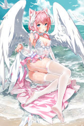 Rule 34 | 1girl, absurdres, angel wings, animal ear fluff, animal ears, ass, bird, blue eyes, blush, breasts, cat ears, cloud, detached sleeves, devil heavens, feather hair ornament, feathered wings, feathers, feet, garter straps, hair ornament, highres, indie virtual youtuber, legs, long hair, looking at viewer, lying, miniskirt, no shoes, on side, open mouth, outdoors, panties, pink hair, pink skirt, sakurada hane, seagull, shirt, skirt, sky, soles, solo, thighhighs, thighs, twintails, underwear, virtual youtuber, water, wet, wet clothes, white panties, white shirt, white sleeves, white thighhighs, wings