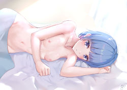 Rule 34 | 1girl, 310setsu, absurdres, bed sheet, blue eyes, blue hair, blunt bangs, breasts, closed mouth, collarbone, completely nude, groin, highres, kageki shoujo!!, lying, naked sheet, narata ai, navel, nipples, nude, on side, short hair, small breasts, solo, under covers
