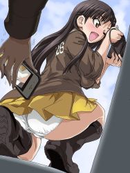 Rule 34 | 10s, 1girl, :d, ass, asymmetrical bangs, blush, boots, brown eyes, brown footwear, brown hair, brown jacket, cellphone, chi-hatan military uniform, cloud, cloudy sky, commentary, crotch seam, day, from behind, gemu555, girls und panzer, holding, holding phone, jacket, knee boots, kneeling, long hair, long sleeves, military, military uniform, miniskirt, nishi kinuyo, one eye closed, on one knee, open mouth, out of frame, outdoors, panties, pantyshot, phone, fake phone screenshot, pleated skirt, pov, skirt, sky, sleeves rolled up, smartphone, smile, solo, solo focus, trembling, underwear, uniform, video camera, white panties, yellow skirt
