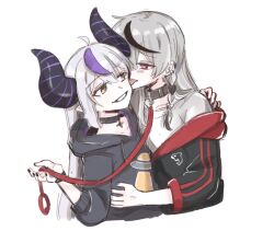 2girls black_choker black_hoodie black_nails blush choker collar grey_hair grey_shirt grin hand_on_another&#039;s_shoulder hand_on_another&#039;s_waist heart heart-shaped_pupils highres holding holding_leash hololive hood hoodie horns la+_darknesss leash licking licking_another&#039;s_cheek licking_another&#039;s_face long_hair long_sleeves multicolored_hair multiple_girls open_mouth pointy_ears purple_hair red_eyes sakamata_chloe shirt simple_background smile streaked_hair symbol-shaped_pupils tongue tongue_out tora_(nanamiiill) upper_body virtual_youtuber white_background yuri