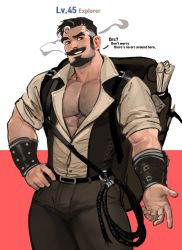 Rule 34 | 1boy, bara, beard, beckoning, beige shirt, brown pants, bulge, cigar, dopey (dopq), english text, facial hair, fantasy, forked eyebrows, goatee, highres, large pectorals, male focus, mature male, muscular, muscular male, mustache, old, old man, orc, original, paid reward available, pants, partially unbuttoned, pectoral cleavage, pectorals, rope, short hair, sleeves rolled up, smoking, solo, thick eyebrows, thick thighs, thighs