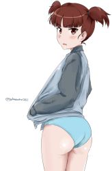 Rule 34 | 1girl, ass, blue jacket, blue panties, blunt bangs, commentary, cowboy shot, dosaken, from behind, girls und panzer, hair tie, hand in pocket, jacket, keizoku military uniform, long sleeves, looking at viewer, looking back, mikko (girls und panzer), military, military uniform, no pants, one-hour drawing challenge, open mouth, panties, raglan sleeves, red eyes, red hair, short hair, short twintails, simple background, solo, standing, track jacket, twintails, twitter username, underwear, uniform, white background