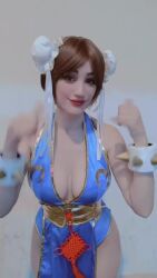 Rule 34 | 1girl, alternate costume, animated, argentine (nationality), ass, ass shake, audible music, bare hips, bare legs, bare shoulders, blue dress, blue eyes, bracelet, braid, breasts, brown hair, capcom, china dress, chinese clothes, chun-li, chun-li (cosplay), cleavage, clenched hands, cosplay, curvy, dancing, double bun, dress, fighting stance, fingernails, hair bun, high heels, jewelry, large breasts, legs, leotard, leotard under clothes, lips, lipstick, long hair, looking at viewer, makeup, medium breasts, no bra, pelvic curtain, photo (medium), real life, revealing clothes, shiny clothes, short dress, simple background, smile, sophie valentine, sound, source request, spiked bracelet, spikes, standing, street fighter, street fighter iv (series), tagme, thick thighs, thighs, video, wide hips