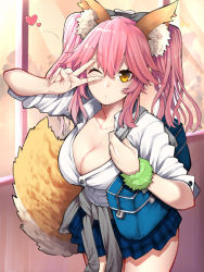 Rule 34 | 10s, 1girl, absurdres, animal ear fluff, animal ears, blush, breasts, cleavage, clothes around waist, collarbone, fate/extella, fate/extra, fate/grand order, fate (series), fox ears, fox tail, heart, highres, jacket, jacket around waist, large breasts, long hair, looking at viewer, mikan (chipstar182), official alternate costume, one eye closed, pink hair, school uniform, shirt, skirt, smile, solo, tail, tamamo (fate), tamamo no mae (jk) (fate), twintails, unbuttoned, yellow eyes