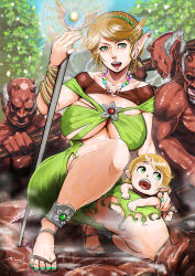Rule 34 | 2girls, anklet, blonde hair, breasts, child, cleavage, comic, ear piercing, elf, gigantic breasts, green eyes, highres, jewelry, mokuzou, multiple girls, necklace, open mouth, piercing, pixiv fantasia, pixiv fantasia fallen kings, pointy ears, sandals, staff, wristlet