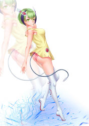 Rule 34 | 1girl, absurdres, android, ass, bare shoulders, black hair, blush, boots, breasts, cable, cable tail, dimension w, dress, green eyes, green hair, headgear, highres, looking at viewer, mechanical tail, medium breasts, multicolored hair, panties, pantyshot, qian bao liushang, short dress, short hair, smile, solo, streaked hair, tail, thigh boots, thighhighs, two-tone hair, underwear, yurizaki mira