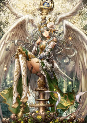 Rule 34 | 1girl, angel, angel wings, aqua eyes, armor, between thighs, flower, hair flower, hair ornament, halo, head wings, highres, jewelry, komecchi, light particles, long hair, looking at viewer, lots of jewelry, original, sitting, solo, sparkle, staff, thighhighs, tree, wavy hair, white hair, white thighhighs, wings
