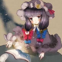 Rule 34 | 1girl, bad id, bad pixiv id, blush, book, expressionless, hair ornament, hat, long hair, looking at viewer, mob cap, moon, pajamas, patchouli knowledge, purple eyes, purple hair, ribbon, solo, touhou, yujup
