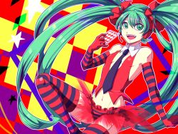 Rule 34 | 1girl, collar, elbow gloves, gloves, green eyes, green hair, hatsune miku, headset, matching hair/eyes, navel, necktie, open mouth, panties, solo, striped clothes, striped gloves, striped panties, striped thighhighs, thighhighs, underwear, vocaloid