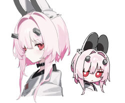 1girl animal_ears black_shirt chibi closed_mouth cropped_torso fake_animal_ears hair_between_eyes hair_intakes highres jacket long_hair multiple_views original red_eyes sh_(shinh) shirt simple_background upper_body white_background white_jacket