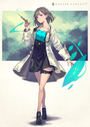Rule 34 | 1girl, bad id, bad pixiv id, belt, blush, breasts, closed mouth, coat, collarbone, doctor, english text, full body, gradient hair, grey hair, highres, holding, holding needle, holding syringe, kusano shinta, lab coat, light smile, long sleeves, looking at viewer, multicolored hair, needle, open clothes, open coat, original, red eyes, shoes, short hair, simple background, sleeve cuffs, smile, solo, squirting liquid, standing, stethoscope, symbol, syringe