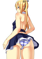 Rule 34 | 1girl, ass, back, backless outfit, bare back, bare shoulders, blonde hair, blue eyes, blush, breasts, dead or alive, dead or alive 5, from behind, gluteal fold, grouse01, hair ribbon, highres, huge ass, long hair, looking back, marie rose, open mouth, panties, ribbon, shiny skin, sideboob, simple background, skirt, solo, striped clothes, striped panties, twintails, underwear, white background