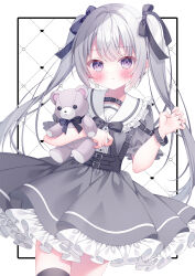 Rule 34 | 1girl, :t, blush, bracelet, claw pose, dress, frilled dress, frilled sailor collar, frills, frown, grey hair, hair ribbon, heart, highres, holding, holding stuffed toy, jewelry, long hair, looking at viewer, neck ribbon, original, purple hair, puu (kari---ume), ribbon, sailor collar, short sleeves, solo, stuffed animal, stuffed toy, teddy bear, thighhighs, twintails, very long hair