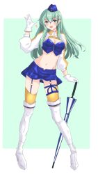 Rule 34 | 1girl, absurdres, aqua eyes, aqua hair, blue bustier, blue hat, blue skirt, bustier, closed umbrella, commentary request, cosplay, cropped jacket, full body, garrison cap, garter straps, gloves, gotland (kancolle), gotland (kancolle) (cosplay), hair ornament, hairclip, hat, highres, jacket, kantai collection, long hair, looking at viewer, midriff, navel, nitamako (sakamalh), planted, planted umbrella, race queen, skirt, solo, suzuya (kancolle), thighhighs, umbrella, waving, white gloves, white jacket, white thighhighs