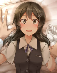 Rule 34 | 10s, 1girl, black hair, blouse, blush, collared shirt, gloves, hair ornament, hairclip, highres, kamelie, kantai collection, long hair, lying, open mouth, oyashio (kancolle), pinned, school uniform, shirt, solo, solo focus, vest, white shirt