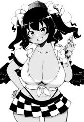 Rule 34 | 1girl, absurdres, breasts, checkered clothes, checkered skirt, cleavage, commentary request, cowboy shot, greyscale, hair ribbon, hand on own hip, hat, highres, himajin noizu, himekaidou hatate, holding, holding phone, huge breasts, looking at viewer, medium hair, monochrome, phone, pointy ears, pom pom (clothes), ribbon, shameimaru aya, simple background, skirt, solo, standing, tan, tanline, tokin hat, touhou, two side up