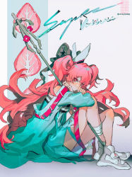 Rule 34 | 1girl, aqua dress, bandaged leg, bandages, black bow, bow, commentary, commission, dress, flower, food, fruit, full body, hair bow, holding, holding polearm, holding weapon, knees up, long hair, looking at viewer, original, orniflop, pink eyes, pink flower, pink hair, polearm, sample watermark, shoes, sitting, solo, spear, strawberry, symbol-only commentary, two side up, very long hair, watermark, weapon, white footwear