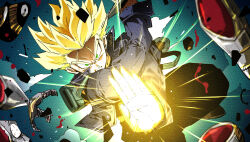 2boys blonde_hair blood blue_jacket commentary_request cyborg dragon_ball dragonball_z frieza green_eyes highres holding holding_sword holding_weapon imminent_death jacket male_focus multiple_boys pov ruto830 sheath super_saiyan super_saiyan_1 sword trunks_(dragon_ball) trunks_(future)_(dragon_ball) unsheathed weapon