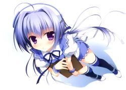 Rule 34 | 1girl, ahoge, berry&#039;s, blue hair, blue ribbon, blue thighhighs, clipboard, foreshortening, from above, hair intakes, highres, long hair, looking at viewer, nanao naru, puffy short sleeves, puffy sleeves, purple eyes, ribbon, sailor collar, satou natsuki, short sleeves, simple background, standing, thighhighs, waitress, white background, wrist cuffs, zettai ryouiki