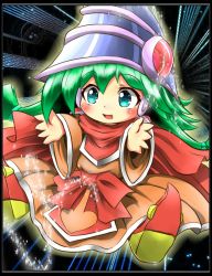 Rule 34 | 1girl, blue eyes, blush, card ejector, duel monster, fang, green hair, hat, highres, kikira (silenceblack), long hair, open mouth, smile, solo, wizard hat, yu-gi-oh!