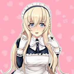 Rule 34 | 1girl, alternate costume, apron, black dress, blonde hair, blue eyes, bow, bowtie, braid, breasts, collared dress, cowboy shot, dress, enmaided, french braid, frilled apron, frilled dress, frills, gloves, hair between eyes, heart, heart background, kantai collection, large breasts, long hair, long sleeves, looking at viewer, maid, maid apron, maid headdress, pink background, puffy long sleeves, puffy sleeves, solo, tk8d32, waist apron, warspite (kancolle), white apron, white bow, white gloves, wrist cuffs