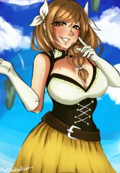 Rule 34 | 1girl, absurdres, bare shoulders, belt, blue sky, braid, breasts, brown eyes, brown hair, cleavage, cloud, commentary, corset, cowboy shot, day, elinniel, fire emblem, fire emblem engage, gloves, goldmary (fire emblem), grin, hair ribbon, highres, large breasts, long hair, looking at viewer, nintendo, ribbon, single braid, skirt, sky, sleeveless, smile, solo, standing, white gloves, white ribbon, yellow skirt