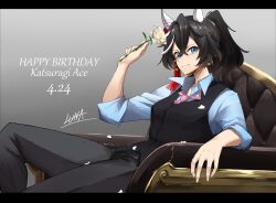 Rule 34 | 1girl, animal ears, artist name, black pants, black vest, blue eyes, blue shirt, character name, closed mouth, commentary request, couch, dated, ear covers, flower, gradient background, hair between eyes, happy birthday, highres, holding, holding flower, horse ears, horse girl, katsuragi ace (umamusume), letterboxed, long sleeves, looking at viewer, loose necktie, luna (gkluna mas), medium hair, multicolored hair, necktie, on couch, pants, petals, pink necktie, ponytail, rose, shirt, signature, sitting, smile, solo, streaked hair, umamusume, vest, white flower, white hair, white rose