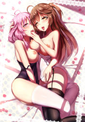 Rule 34 | 2girls, ahoge, bed, bed sheet, black legwear, black leotard, breast press, breasts, breasts out, brown hair, clothes down, covered navel, dk.senie, female masturbation, finger in another&#039;s mouth, from side, garter belt, garter straps, has bad revision, has downscaled revision, highres, hugging own legs, large breasts, leg between thighs, leg lock, leotard, looking at another, looking at viewer, masturbation, md5 mismatch, multiple girls, nipples, original, pink eyes, pink hair, pussy juice, resolution mismatch, saliva, school swimsuit, short hair, skindentation, source smaller, strap slip, swimsuit, thighhighs, thighs, tongue, tongue out, white legwear, white leotard, yellow eyes, yuri