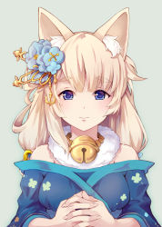 Rule 34 | 1girl, animal ear fluff, animal ears, azur lane, bell, blonde hair, blue eyes, blunt bangs, closed mouth, commentary request, fox ears, fujishino shikino, fur trim, green background, hair ornament, japanese clothes, jingle bell, light smile, looking at viewer, niizuki (azur lane), simple background, solo, upper body