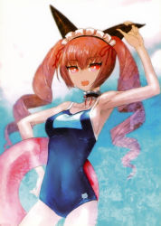 Rule 34 | 1girl, :d, akiha rumiho, armpits, breasts, covered navel, drill hair, faris nyannyan, huke, maid headdress, official art, one-piece swimsuit, open mouth, red eyes, school swimsuit, sideboob, smile, solo, steins;gate, swimsuit, twintails