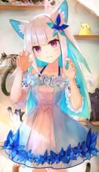 Rule 34 | 1girl, absurdres, animal ear fluff, animal ears, bare shoulders, blue flower, blunt bangs, blush, cat, cat ears, cat tail, collarbone, colored inner hair, dress, extra ears, fang, flower, frown, hair flower, hair ornament, hands up, highres, indoors, lize helesta, long hair, looking at viewer, multicolored hair, nijisanji, off-shoulder dress, off shoulder, paw pose, purple eyes, sebastian piyodore, skin fang, standing, striped clothes, striped dress, t6 ti, tail, two-tone hair, vertical-striped clothes, vertical-striped dress, virtual youtuber, white hair