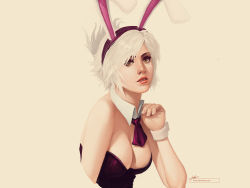 Rule 34 | 1girl, alternate eye color, animal ears, bare shoulders, battle bunny riven, breasts, brown eyes, cleavage, detached collar, fake animal ears, folded ponytail, highres, league of legends, leotard, lips, lipstick, makeup, necktie, nose, official alternate costume, playboy bunny, rabbit ears, riven (league of legends), short hair, solo, tsuaii, upper body, white background, white hair, wrist cuffs