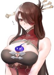 Rule 34 | !, 1girl, beidou (genshin impact), breasts, brown hair, cleavage, closed mouth, clothing request, eyepatch, genshin impact, hair ornament, hair over one eye, highres, large breasts, long hair, looking down, one eye covered, red eyes, simple background, solo, tommy (kingdukeee), upper body, white background