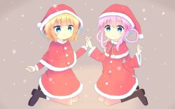 Rule 34 | 2girls, :o, black footwear, blonde hair, blue eyes, blunt bangs, blush, boots, brown background, capelet, christmas, closed mouth, commentary request, crossover, dress, fur-trimmed boots, fur-trimmed capelet, fur-trimmed dress, fur-trimmed headwear, fur trim, gochuumon wa usagi desu ka?, hair rings, hat, highres, holding hands, interlocked fingers, kirima syaro, long hair, long sleeves, looking at viewer, multiple girls, parted lips, pink hair, red capelet, red dress, red hat, santa costume, santa hat, sherlock shellingford, short hair, simple background, smile, snow, tantei opera milky holmes, y mazun