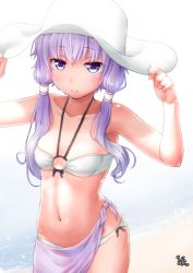 Rule 34 | 1girl, armpits, arms up, ayama yuiya, bare arms, bare shoulders, bikini, blush, breasts, closed mouth, collarbone, cowboy shot, gradient background, halterneck, hands on headwear, hat, looking at viewer, navel, o-ring, o-ring bikini, o-ring top, purple eyes, purple hair, sarong, short hair with long locks, sidelocks, signature, small breasts, smile, solo, stomach, sun hat, swimsuit, vocaloid, voiceroid, white background, white bikini, yuzuki yukari