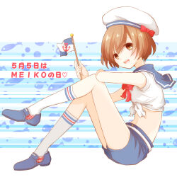 Rule 34 | 1girl, anchor symbol, bow, bowtie, brown eyes, brown hair, cochis1322, commentary, flag, from side, full body, hat, holding, holding flag, looking at viewer, meiko (vocaloid), midriff, navel, open mouth, sailor collar, shirt, short hair, short sleeves, shorts, sitting, smile, socks, solo, tied shirt, vocaloid