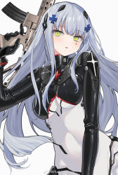 Rule 34 | 1girl, absurdres, blush, commentary, english commentary, girls&#039; frontline, green eyes, grey hair, gun, hair between eyes, hair ornament, highres, hk416 (girls&#039; frontline), hk416 (midnight evangelion) (girls&#039; frontline), holding, holding gun, holding weapon, leotard, long hair, looking at viewer, mimelond, official alternate costume, rifle, simple background, solo, teardrop facial mark, teardrop tattoo, weapon, weibo logo, weibo watermark, white background