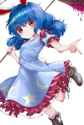 Rule 34 | 1girl, ambiguous red liquid, animal ears, arms up, black footwear, blue dress, blue hair, blush, boots, breasts, crescent print, dress, expressionless, finger gun, foot out of frame, hair between eyes, highres, holding, holding mallet, kayon (touzoku), kine, knee boots, looking at viewer, low twintails, mallet, petticoat, puffy short sleeves, puffy sleeves, rabbit ears, rabbit girl, rabbit tail, red eyes, seiran (touhou), short hair, short sleeves, simple background, small breasts, solo, standing, standing on one leg, star-shaped pupils, star (symbol), star print, symbol-only commentary, symbol-shaped pupils, tail, touhou, twintails, white background