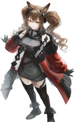 Rule 34 | 1girl, absurdres, aiv, angelina (arknights), angelina (endfield) (arknights), animal ears, arknights, arknights: endfield, black dress, black footwear, black thighhighs, boots, brown hair, dress, fox ears, fox girl, highres, jacket, long sleeves, looking at viewer, off-shoulder jacket, off shoulder, open clothes, open jacket, orange eyes, red jacket, simple background, solo, thighhighs, twintails, white background