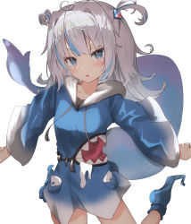 Rule 34 | 1girl, :o, blue eyes, blue hoodie, breasts, collarbone, cowboy shot, fang, fins, fish tail, foot out of frame, gawr gura, gawr gura (1st costume), gradient clothes, hair ornament, highres, hololive, hololive english, hood, hoodie, long hair, looking at viewer, multicolored hair, shark hair ornament, shark tail, sheiou, silver hair, simple background, skin fang, small breasts, solo, standing, standing on one leg, streaked hair, tail, two side up, virtual youtuber, white background, wide sleeves