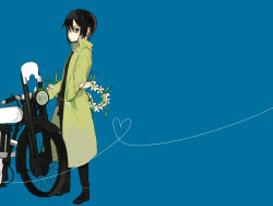 Rule 34 | 00s, 1girl, androgynous, coat, flower, hermes (kino no tabi), kino (kino no tabi), kino no tabi, motor vehicle, motorcycle, reverse trap, short hair, solo, tomboy, vehicle, wallpaper