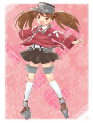 Rule 34 | 10s, 1girl, brown eyes, brown hair, dress shirt, kantai collection, kouhou no nin, long hair, looking at viewer, machinery, magatama, open mouth, outstretched arms, primary stage, ryuujou (kancolle), shirt, skirt, smile, solo, suspenders, twintails, visor cap
